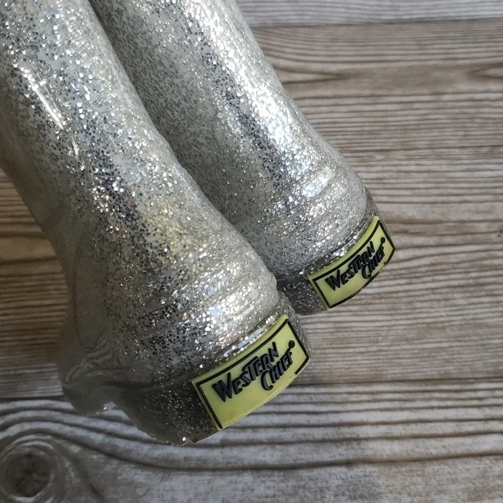 Western Chief Silver Glitter Rubber Youth Rain Boots Size 11